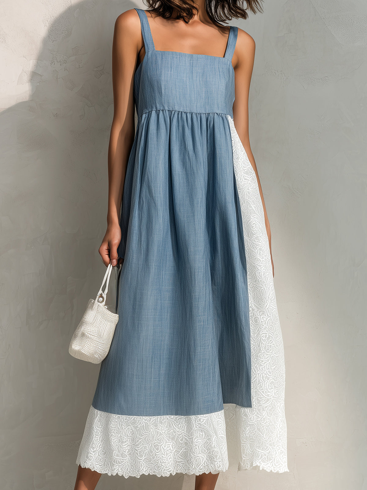 ElevenOra Chic Elegant Dark Blue-White Colorblock Patchwork Cotton Linen Blend Square-Neck Sleeveless Loose-Fit Midi Dress