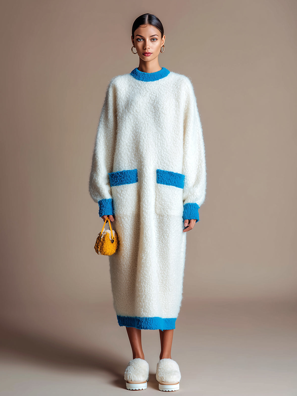 ElevenOra Chic Fuzzy Cream White Patch Pocket Contrast Trim Long-Sleeve Knit Maxi Dress