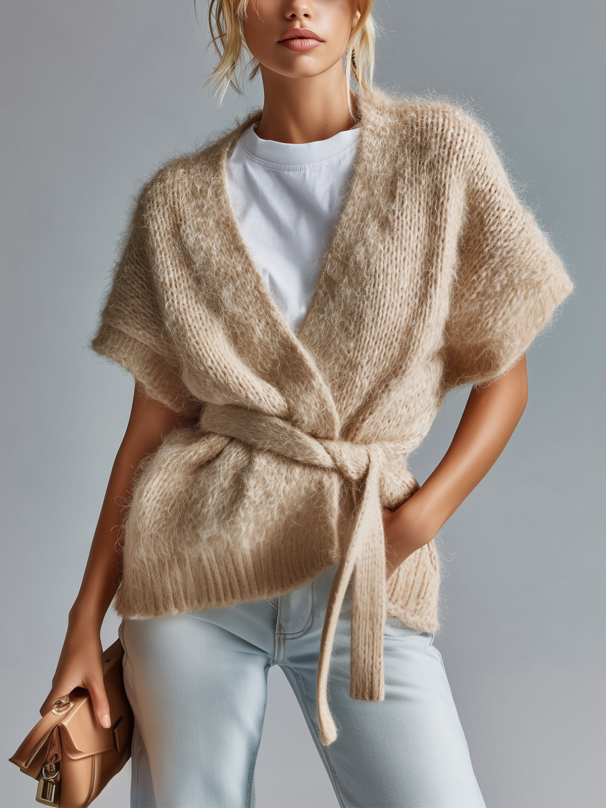 ElevenOra Chic Vintage Light Khaki Wrap V-Neck Short Sleeve Tie Waist Fuzzy Mohair Knit Cardigan