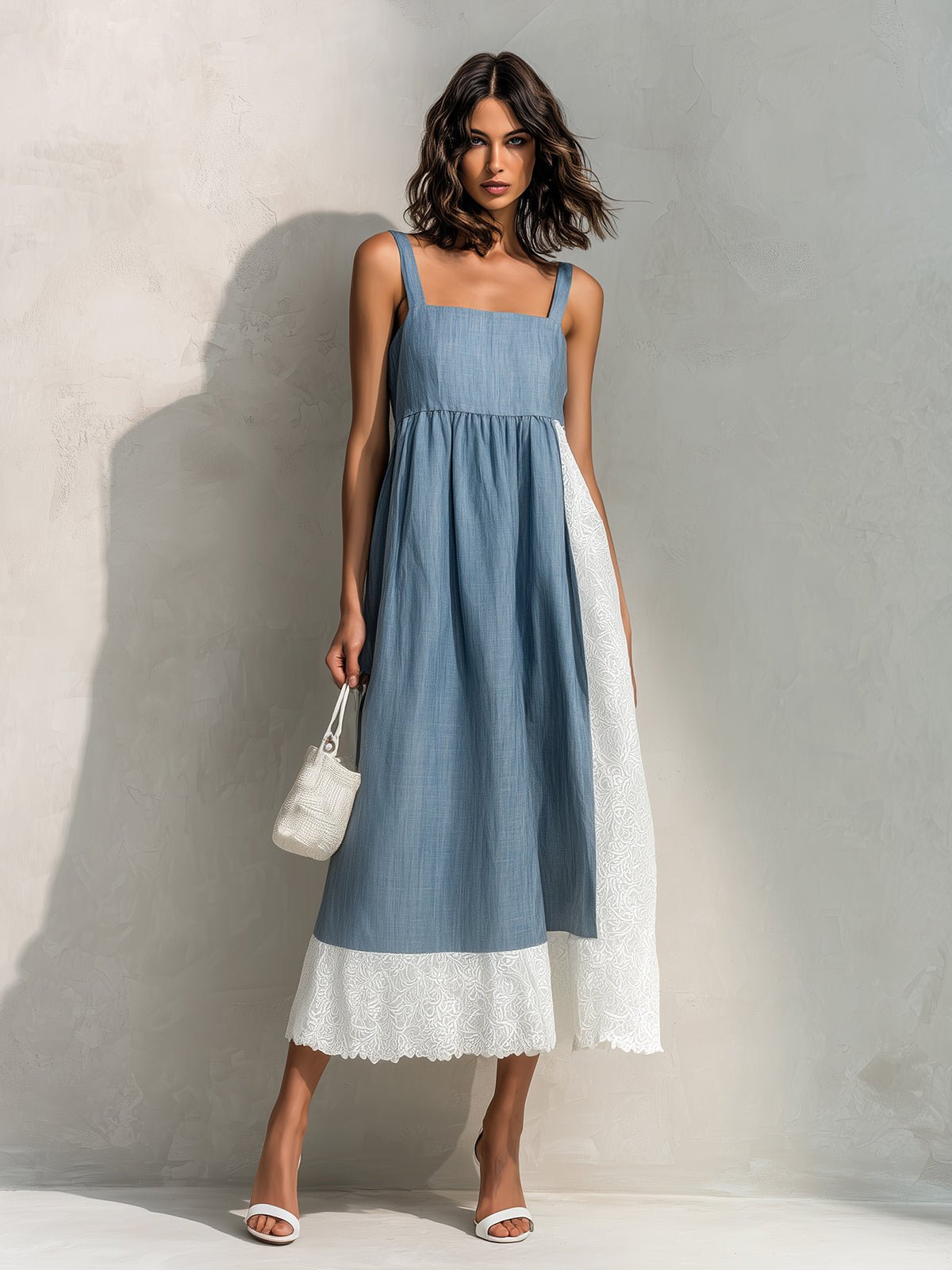 ElevenOra Chic Elegant Dark Blue-White Colorblock Patchwork Cotton Linen Blend Square-Neck Sleeveless Loose-Fit Midi Dress