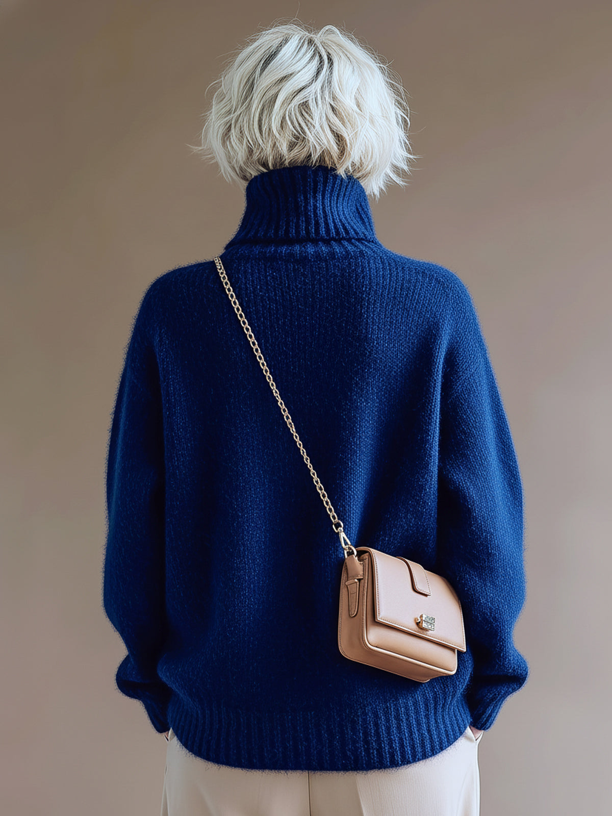 ElevenOra Chic Casual Royal Blue Turtleneck Patch Pocket Long-Sleeve Oversized Knit Sweater Top