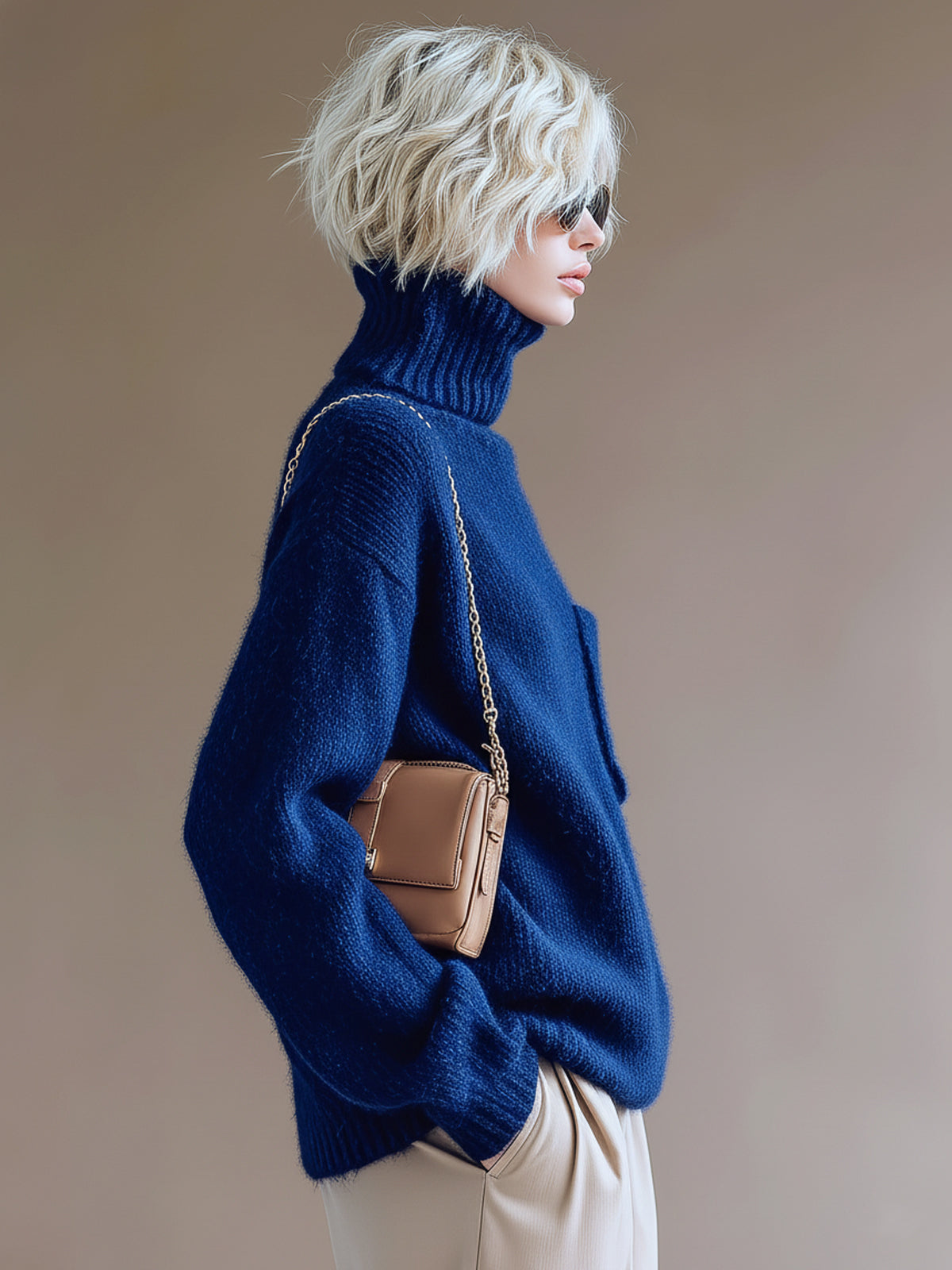 ElevenOra Chic Casual Royal Blue Turtleneck Patch Pocket Long-Sleeve Oversized Knit Sweater Top