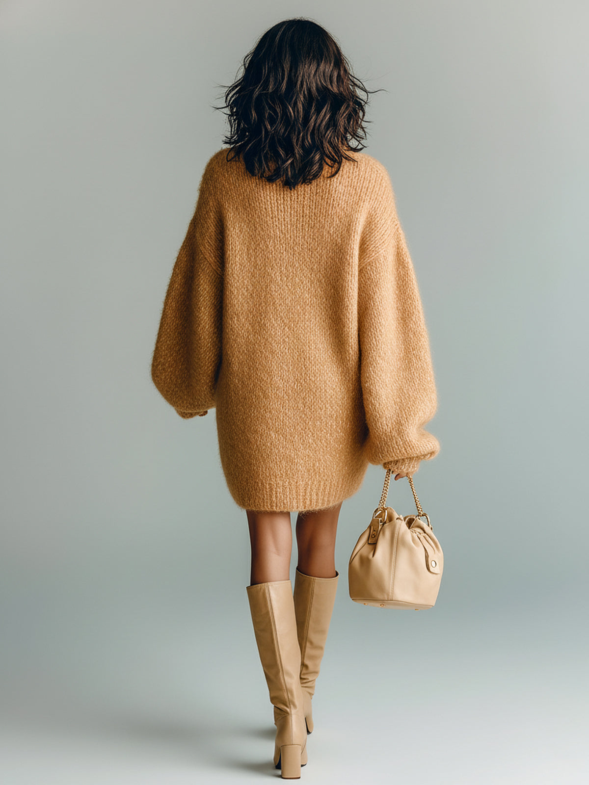 ElevenOra Chic Casual Camel Mock Neck Long Sleeve Oversized Fuzzy Knit Mini Dress
