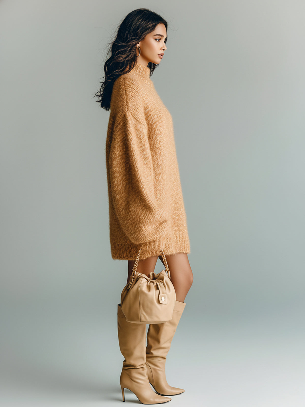 ElevenOra Chic Casual Camel Mock Neck Long Sleeve Oversized Fuzzy Knit Mini Dress