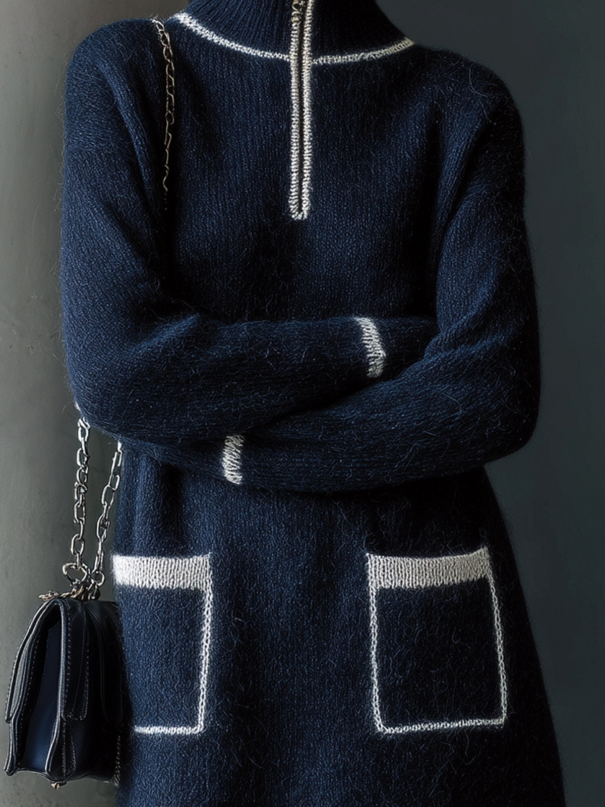 ElevenOra Chic Casual Navy Zipper Stand Collar Patch Pockets Long Sleeve Fuzzy Knit Mini Dress