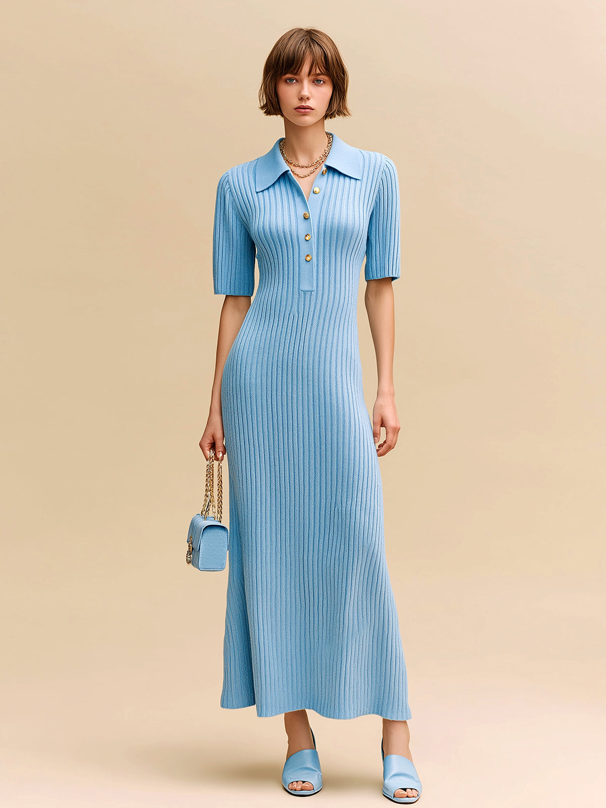 ElevenOra Chic Elegant Blue Lapel Collar Button-Front Short-Sleeve Slim-Fit Flare Hem Ribbed Knit Maxi Dress