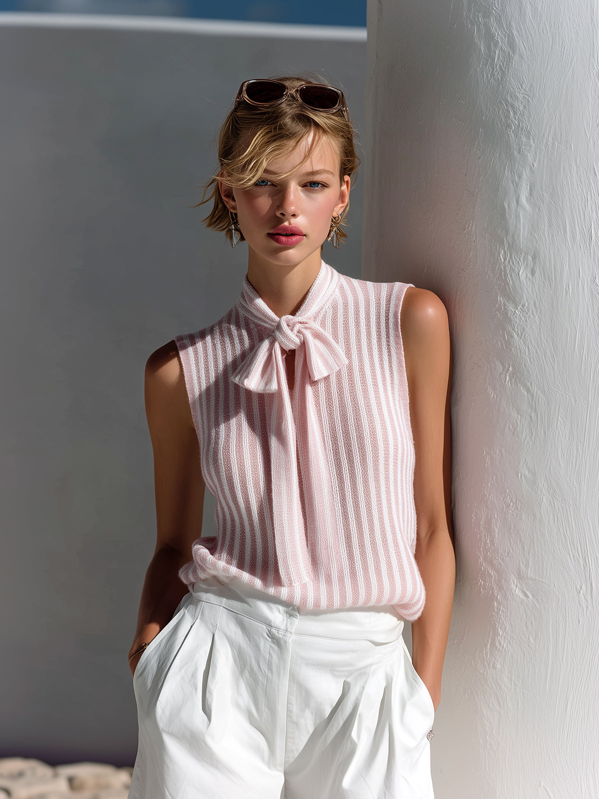 ElevenOra Chic Elegant Pink-White Stripes Bow-Tie Collar Sleeveless Loose-Fit Knit Vest Top