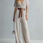 ElevenOra Chic Elegant Light Gray V-Neck Short-Sleeve Belted Loose-Fit Wide-Leg Knit Jumpsuit