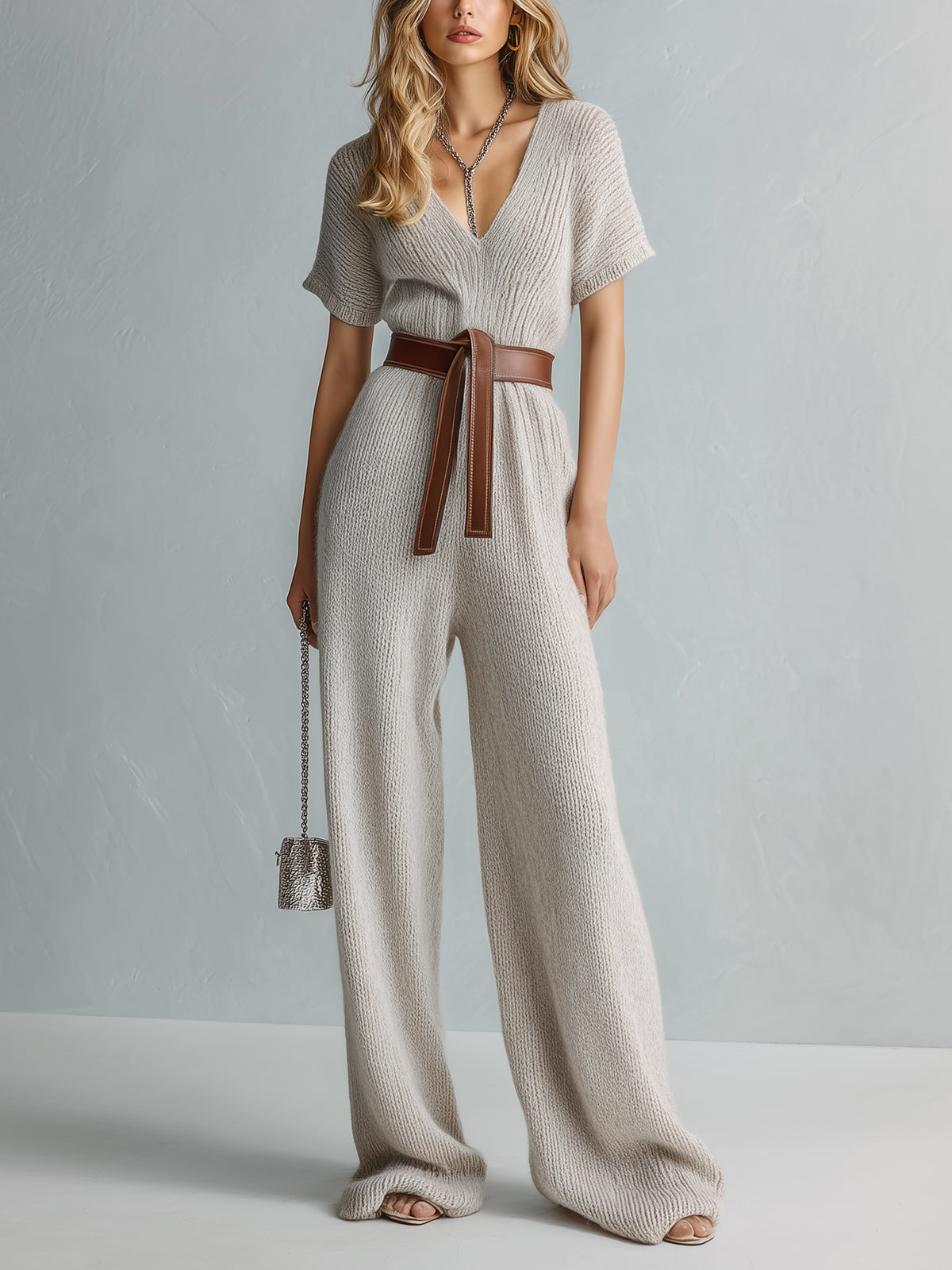 ElevenOra Chic Elegant Light Gray V-Neck Short-Sleeve Belted Loose-Fit Wide-Leg Knit Jumpsuit