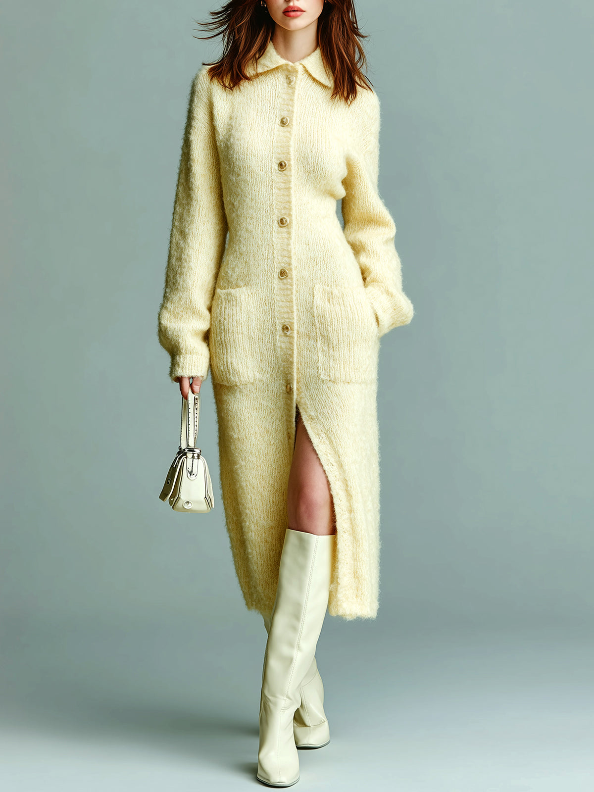 ElevenOra Chic Vintage Light Yellow Lapel Single-Breasted Patch Pocket Long Sleeve Slim-Fit Knit Midi Dress