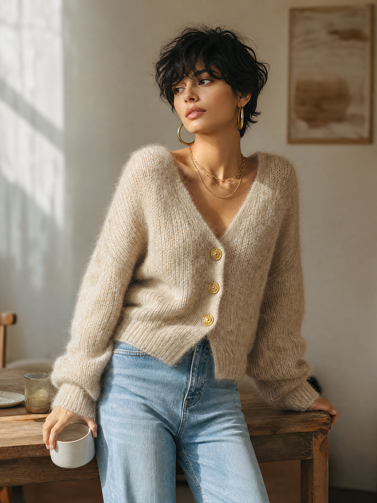 ElevenOra Chic Vintage Light Camel V-Neck Single-Breasted Long Sleeve Loose-Fit Fuzzy Knit Cardigan Top