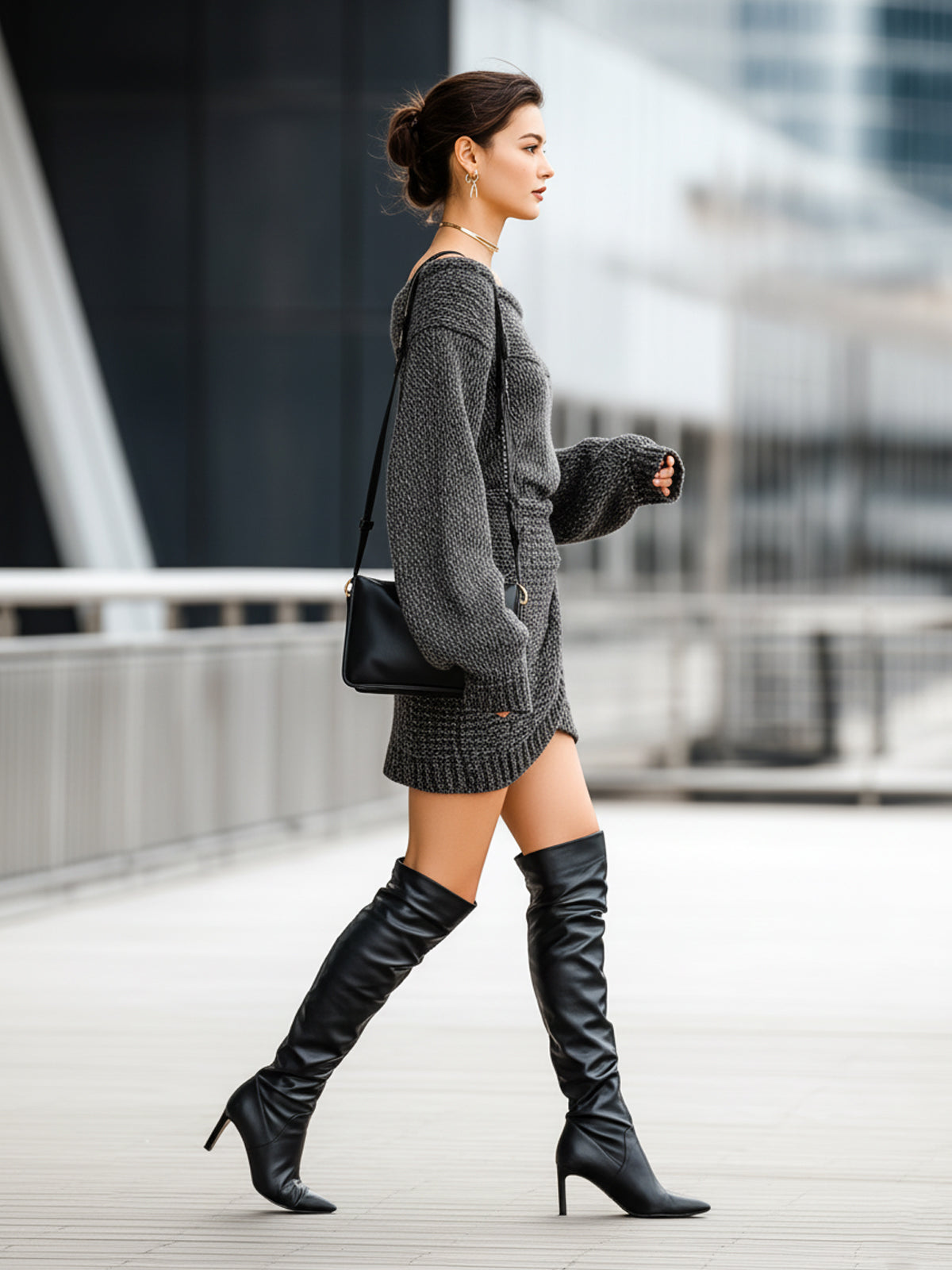 ElevenOra Elegant Off Shoulder Lantern Sleeves Asymmetrical Hem Marled Knit Mini Dress