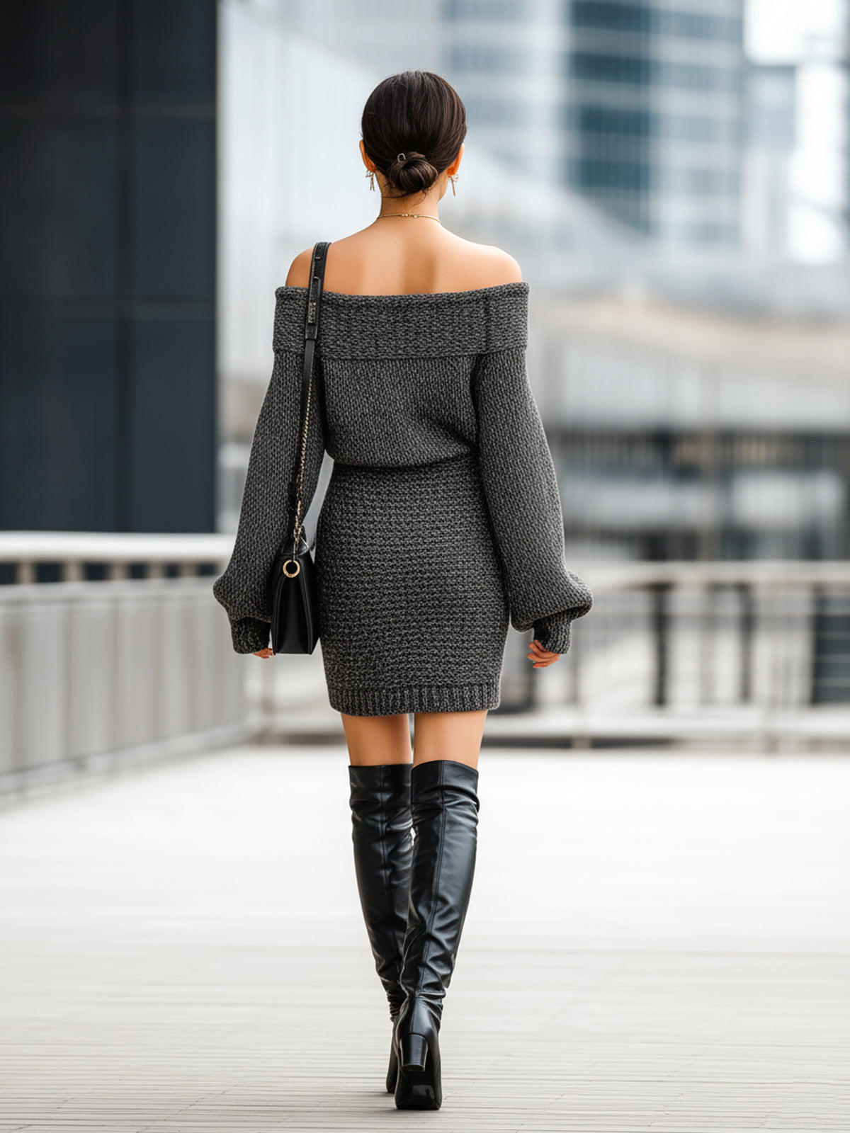 ElevenOra Elegant Off Shoulder Lantern Sleeves Asymmetrical Hem Marled Knit Mini Dress