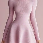 ElevenOra Solid Turtleneck Long Sleeve Fitted Long Sleeve Knit Flared A-Line Mini Dress