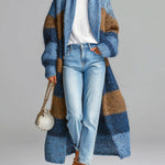 ElevenOra Chic Blue-Brown Striped Shawl Lapel Maxi-Length Slouchy Textured Knit Cardigan