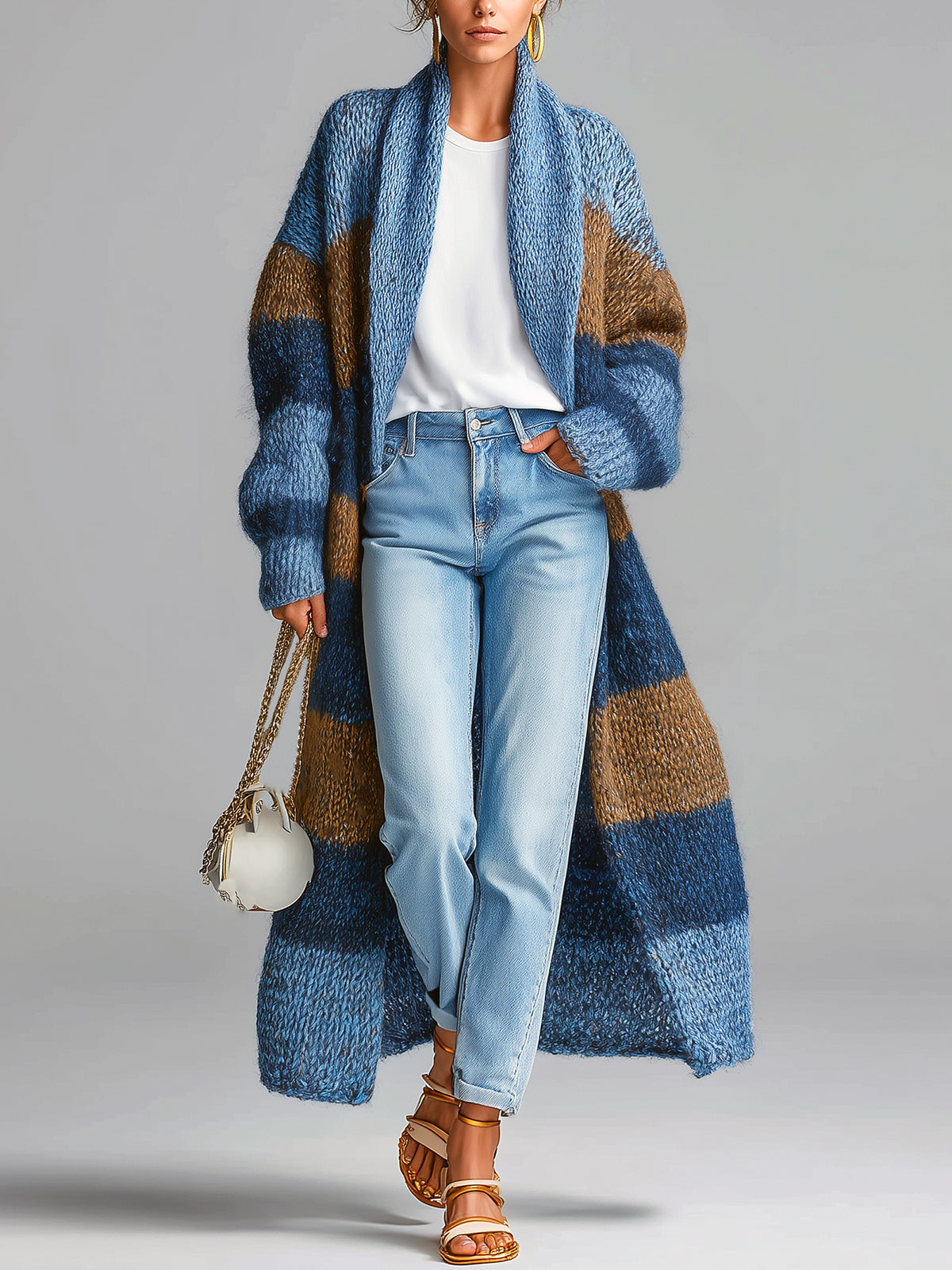 ElevenOra Chic Blue-Brown Striped Shawl Lapel Maxi-Length Slouchy Textured Knit Cardigan