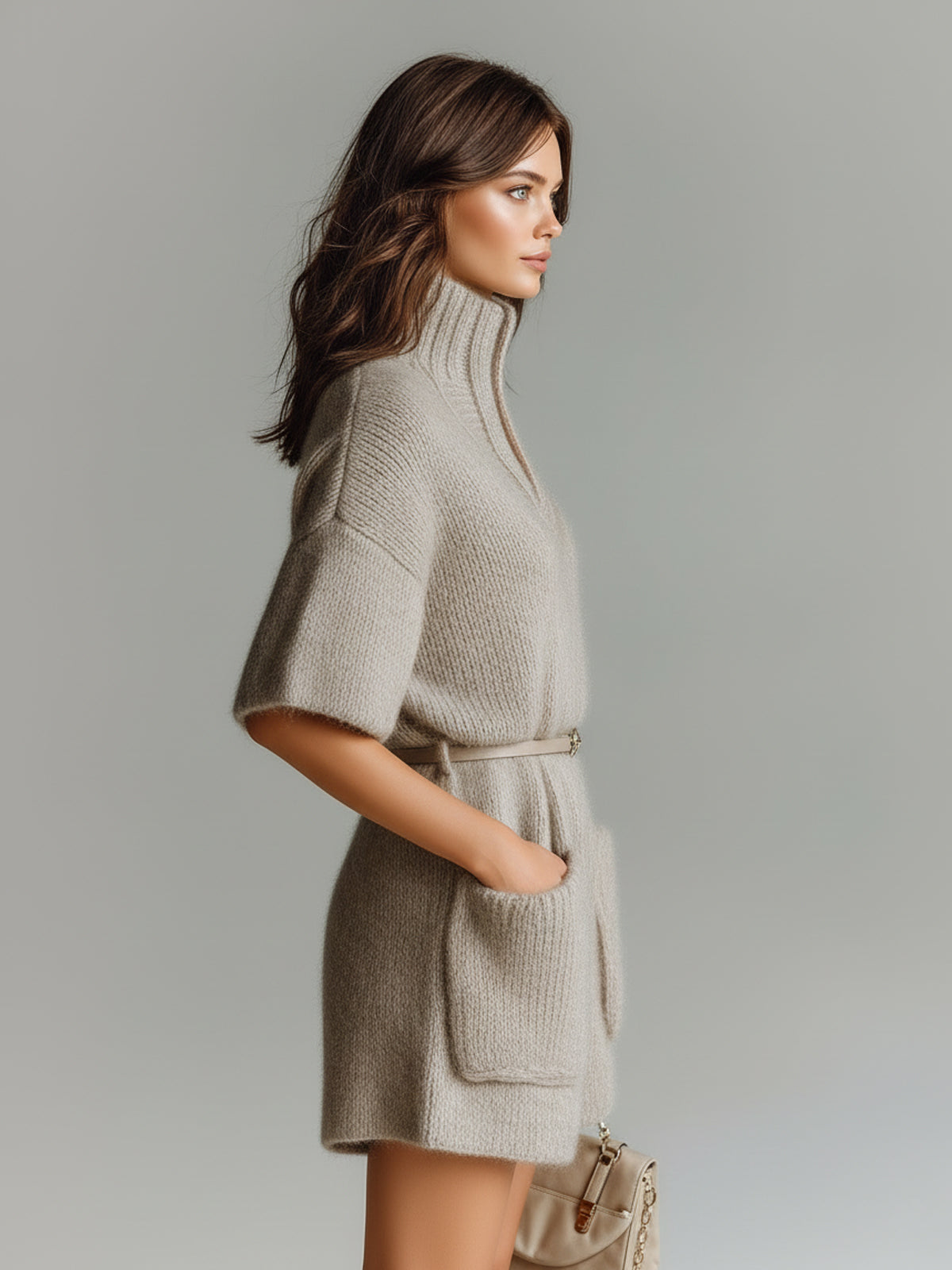 ElevenOra Chic Casual Light Brown Stand Collar V-Neck Short Sleeve Belted Patch Pockets Oversize Fuzzy Knit Romper