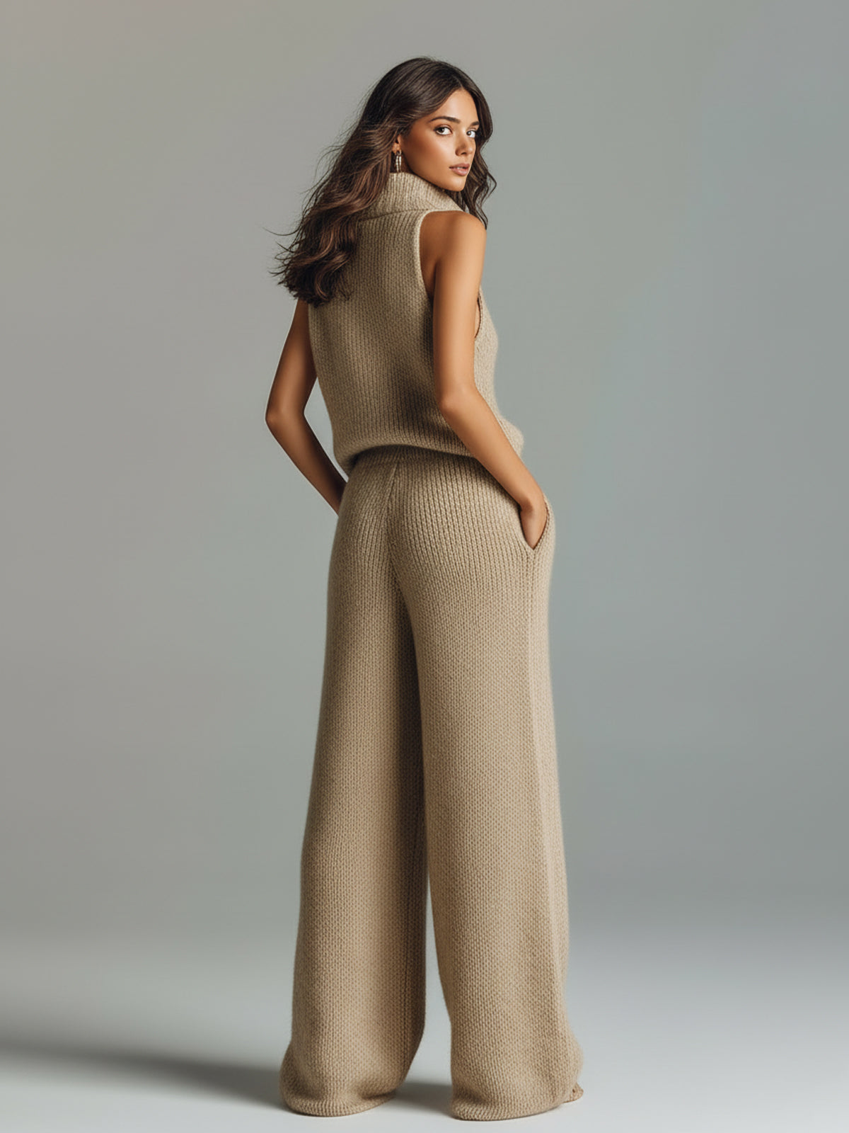 ElevenOra Chic Elegant Camel Stand Collar V-Neck Sleeveless Sweater  Wide-Leg Pants Ribbed Knit Two-Piece Set