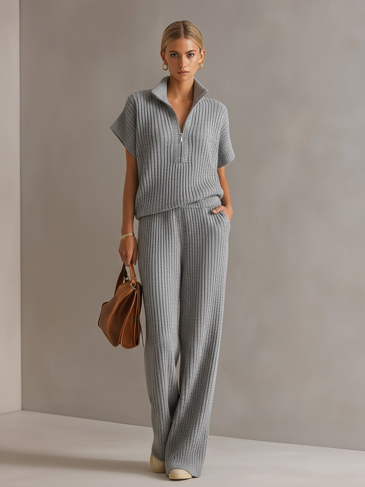 ElevenOra Chic Elegant Cream White Zipper-Up Stand Collar Oversize Short-Sleeve Sweater  Wide-Leg Pants Ribbed Knit Two-Piece Set