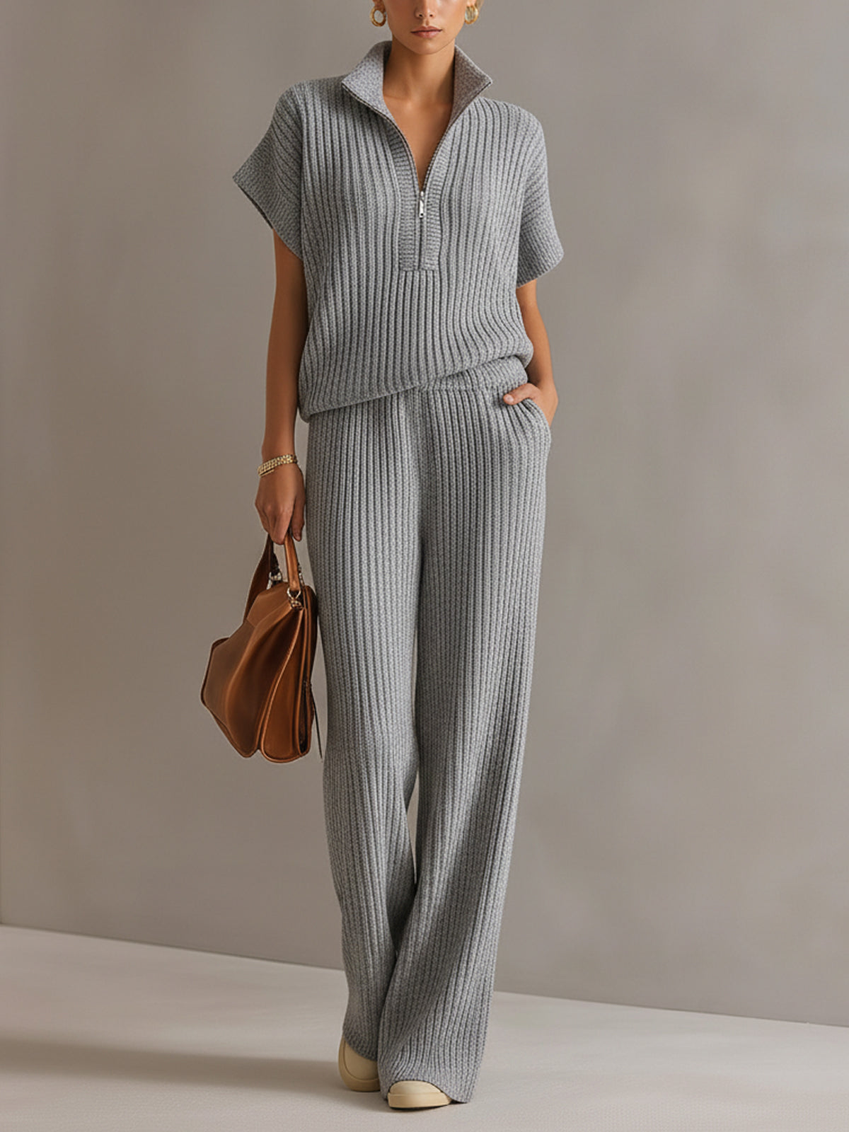 ElevenOra Chic Elegant Cream White Zipper-Up Stand Collar Oversize Short-Sleeve Sweater  Wide-Leg Pants Ribbed Knit Two-Piece Set