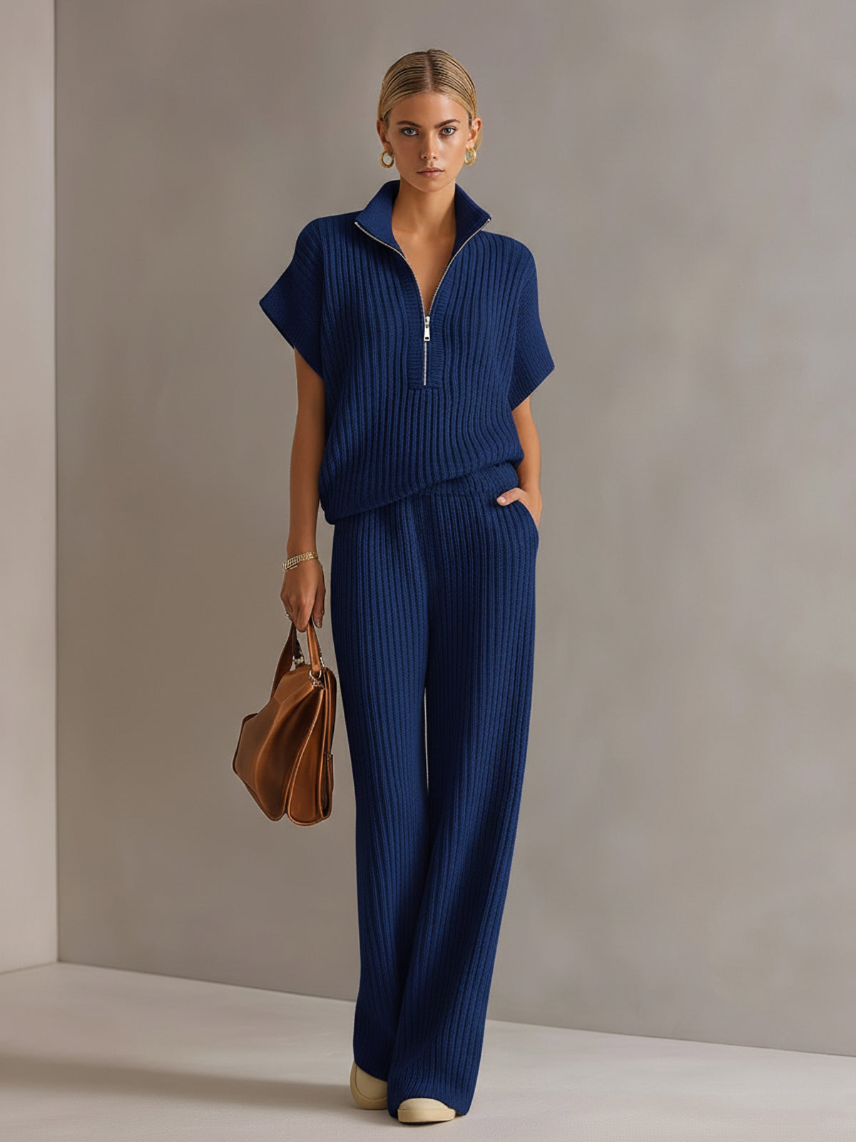 ElevenOra Chic Elegant Cream White Zipper-Up Stand Collar Oversize Short-Sleeve Sweater  Wide-Leg Pants Ribbed Knit Two-Piece Set