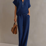 ElevenOra Chic Elegant Cream White Zipper-Up Stand Collar Oversize Short-Sleeve Sweater  Wide-Leg Pants Ribbed Knit Two-Piece Set