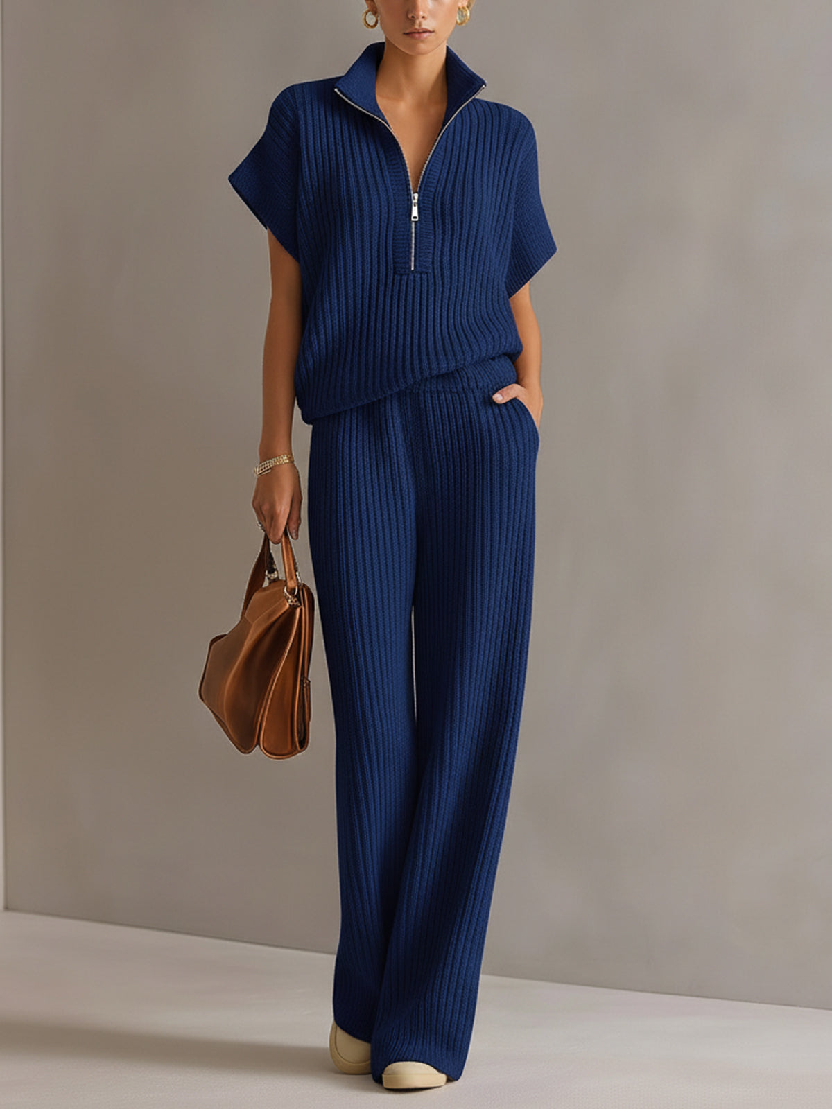 ElevenOra Chic Elegant Cream White Zipper-Up Stand Collar Oversize Short-Sleeve Sweater  Wide-Leg Pants Ribbed Knit Two-Piece Set