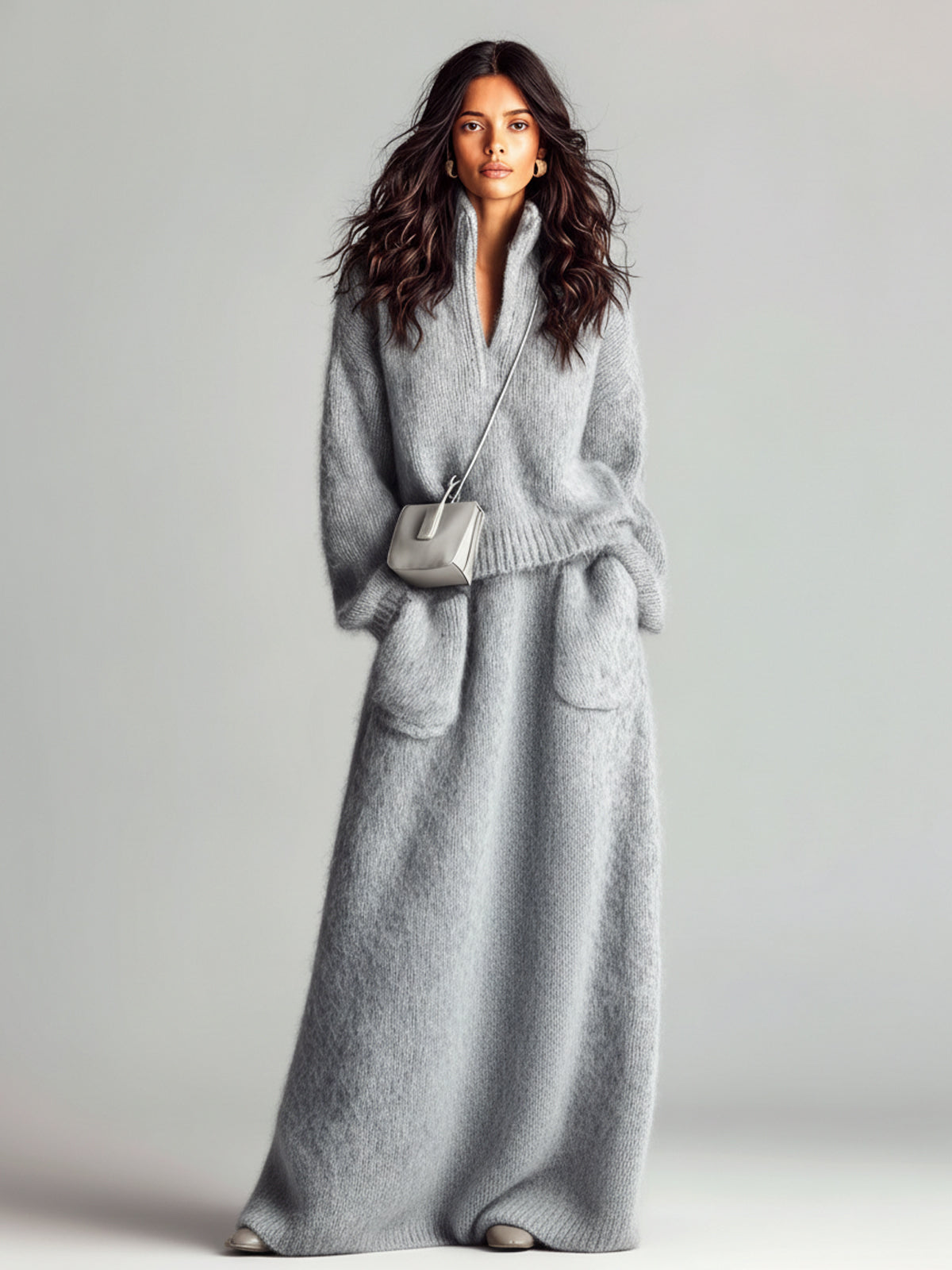 ElevenOra Chic Elegant Blue Stand Collar V Neck Long Sleeve Loose Sweater Patch Pocket Maxi Skirt Fuzzy Knit Two-Piece Set