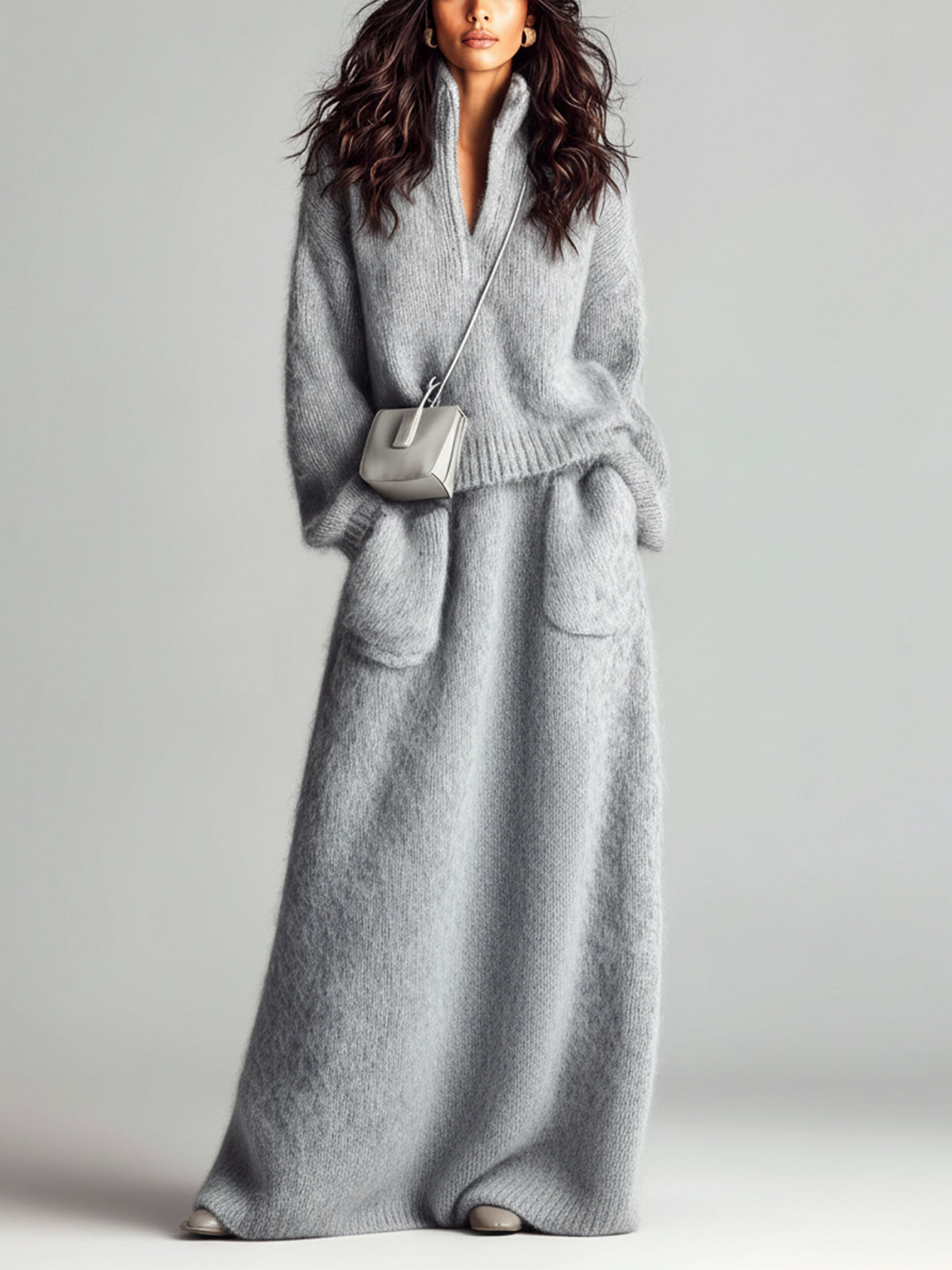 ElevenOra Chic Elegant Blue Stand Collar V Neck Long Sleeve Loose Sweater Patch Pocket Maxi Skirt Fuzzy Knit Two-Piece Set