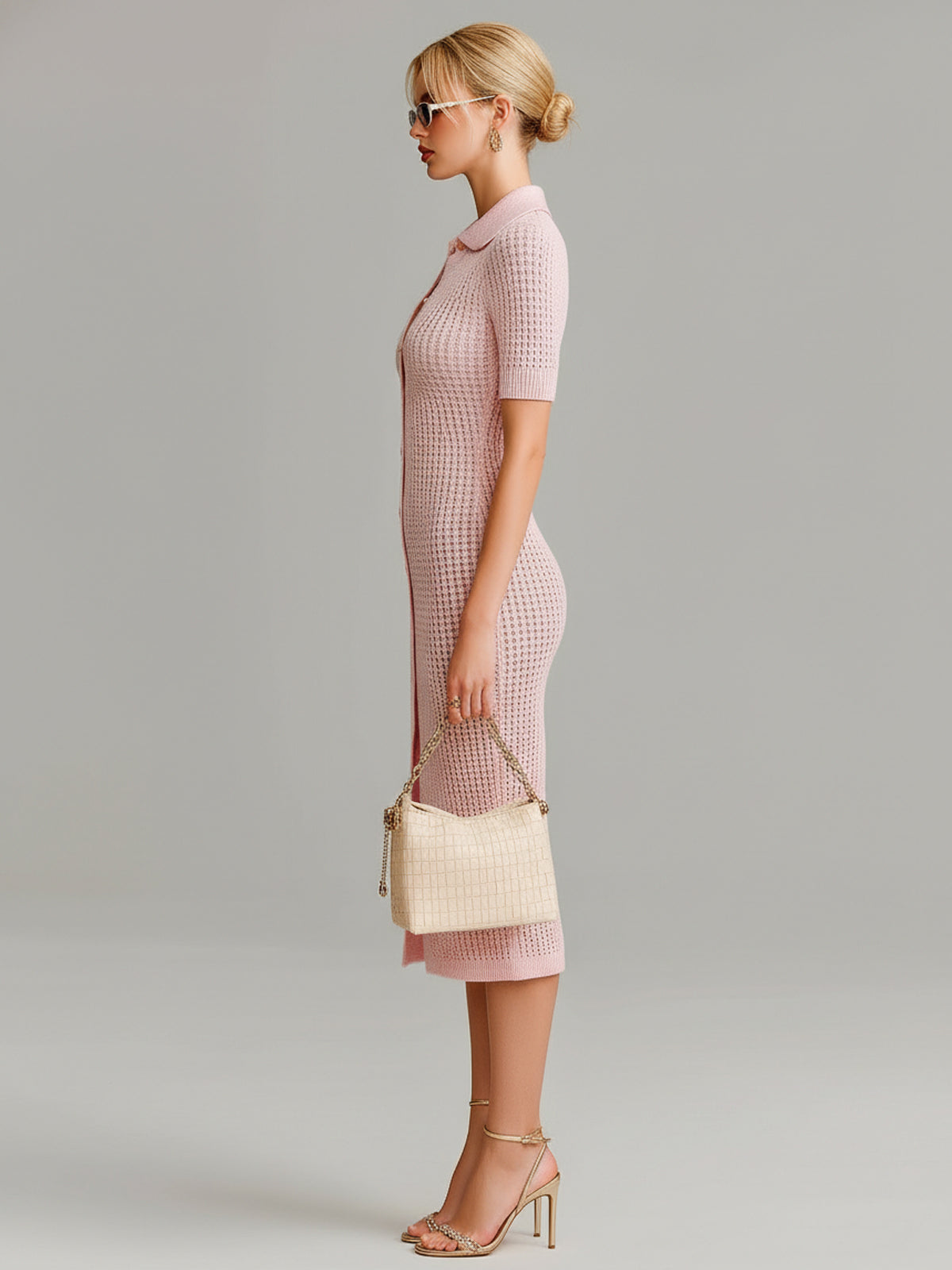 ElevenOra Chic Elegant Pink Lapel Single-Breasted Short-Sleeve Slim-Fit Waffle Knit Midi Dress