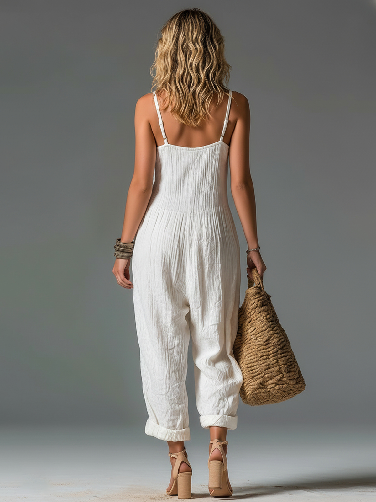ElevenOra Chic Casual White Strappy V-Neck Button-Front Sleeveless Patch Pocket Wide Leg Crinkled Cotton-Linen Blend Jumpsuit