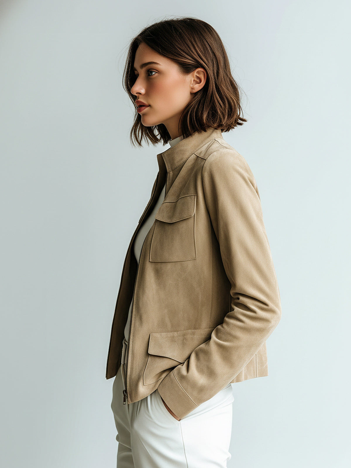 ElevenOra Chic Casual Light Khaki Suede Faux Stand-Collar Zipper Utility-Pocket Cropped Jacket