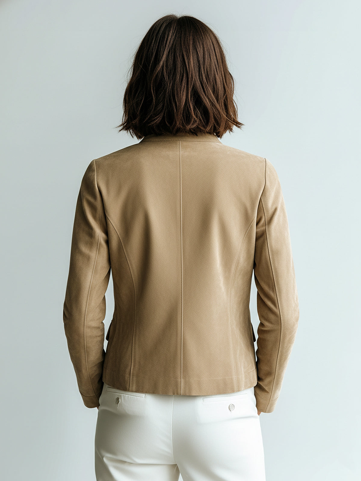 ElevenOra Chic Casual Light Khaki Suede Faux Stand-Collar Zipper Utility-Pocket Cropped Jacket