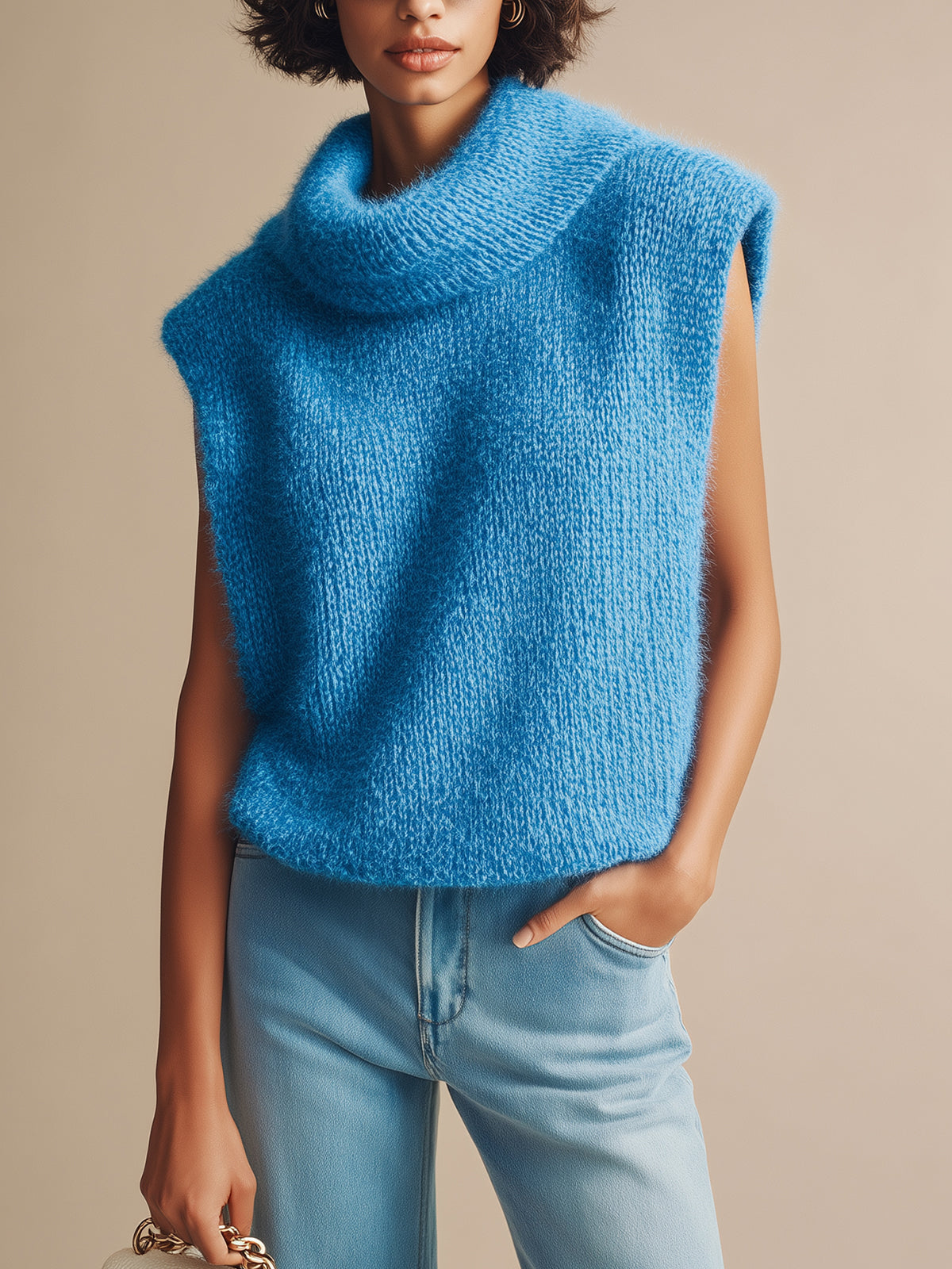 ElevenOra Chic Vintage Blue Draped Neck Sleeveless Oversize Knit Sweater Top