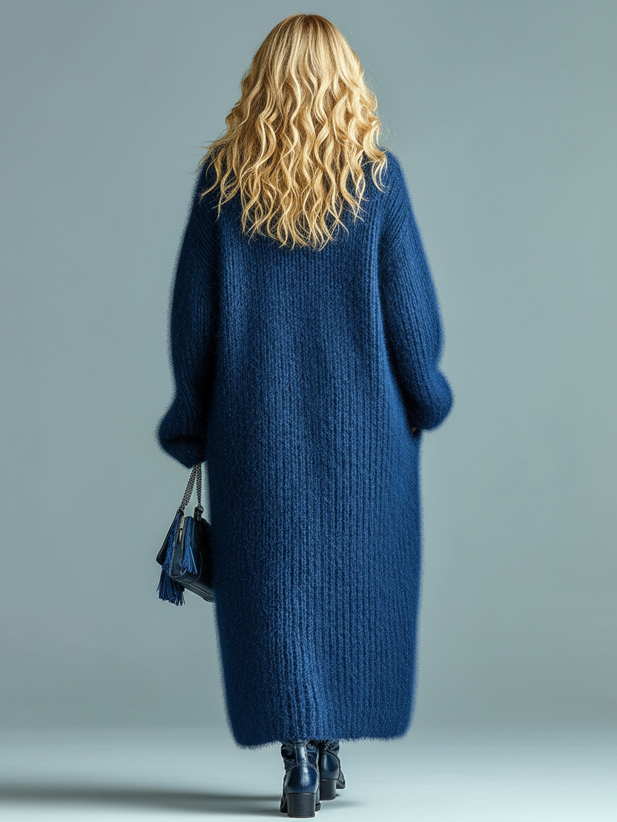ElevenOra Casual Chic Navy Blue Single-breasted Oversized Longline Fuzzy Knit Cardigan