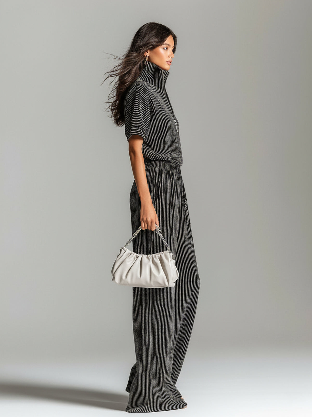 ElevenOra Chic Elegant Black Stripes Zipper-Up Stand Collar Short-Sleeve Loose-Fit Sweater And Wide-Leg Pants Knit Two-Piece Set