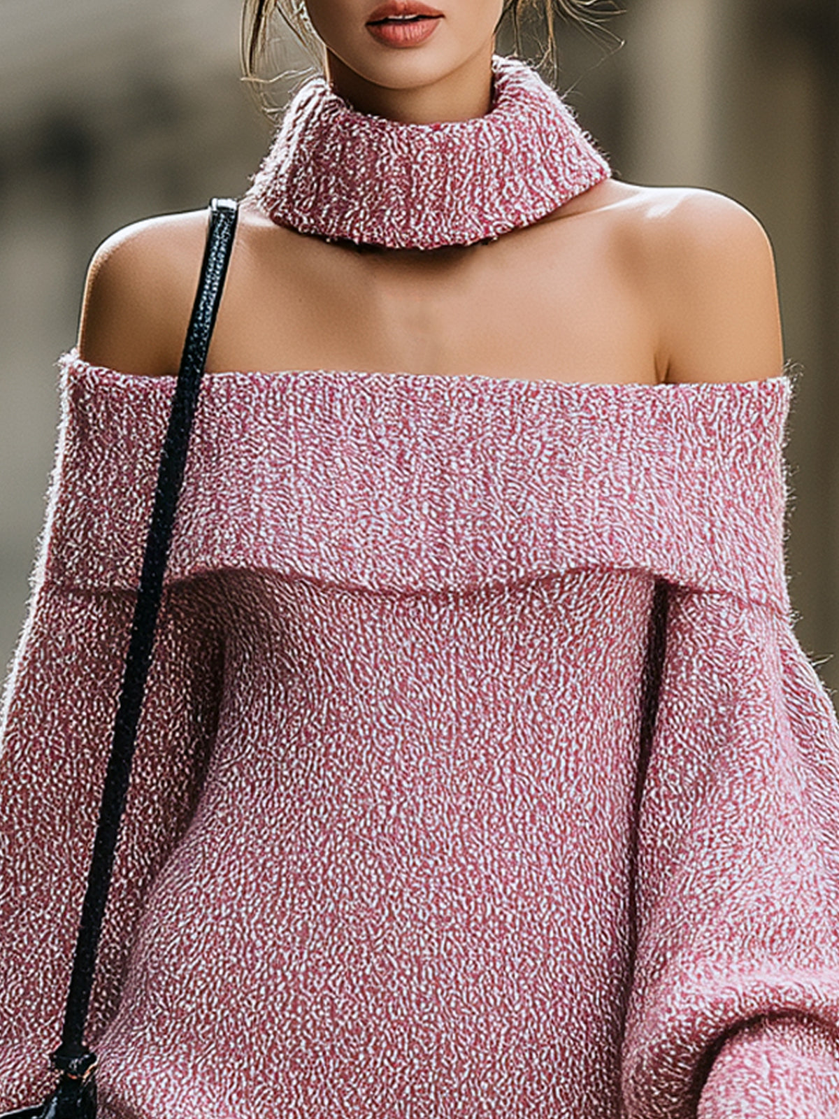 ElevenOra Stylish Off-shoulder With Neck Warmer Lantern Sleeve Loose Knit Mini Dress