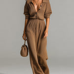 ElevenOra Chic Elegant Brown Button-Up Lapel Collar Half-Sleeve Elastic Waist Loose Fit Ribbed Knit Maxi Dress