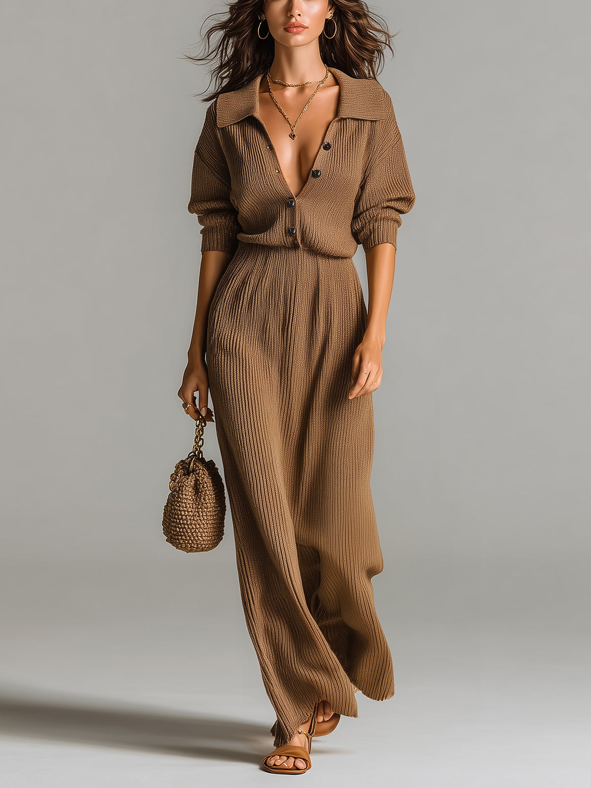 ElevenOra Chic Elegant Brown Button-Up Lapel Collar Half-Sleeve Elastic Waist Loose Fit Ribbed Knit Maxi Dress