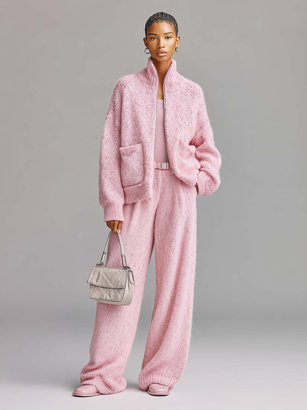 ElevenOra Chic Elegant Light Pink Stand-collar Long-sleeved Patch Pocket Zip-up Cardigan Wide-Leg Pants Knit Two-piece Set