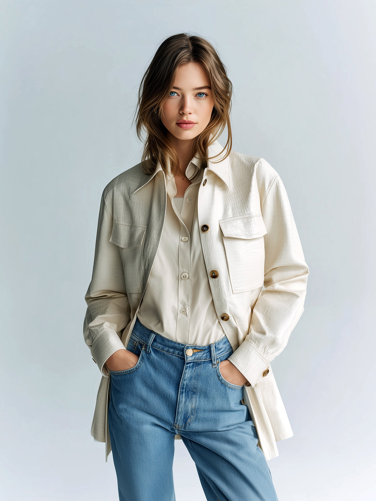 ElevenOra Chic Vintage Cream White Faux Crocodile Leather Lapel Single-Breasted Multi-Pocket Utility Jacket