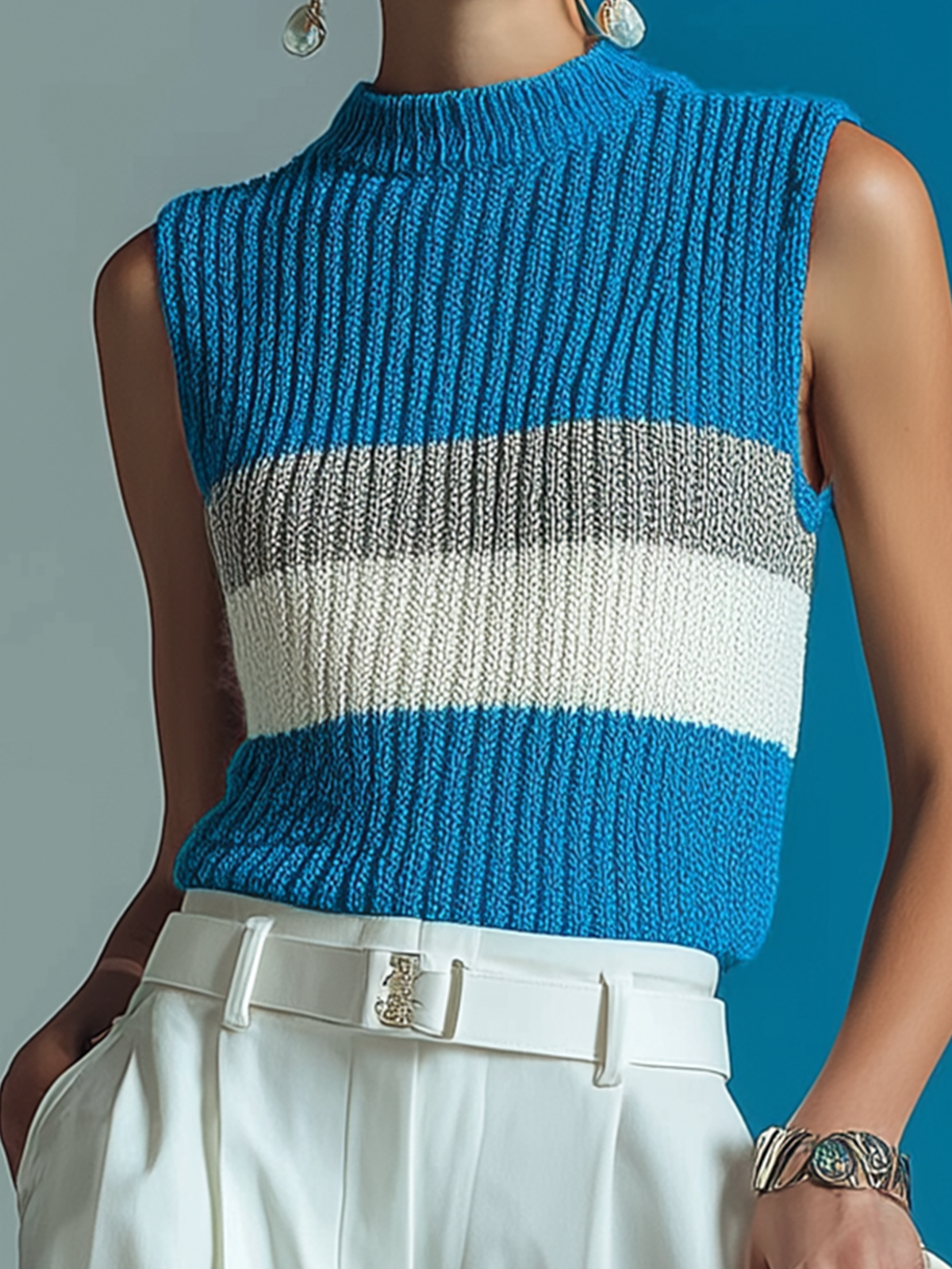 ElevenOra Fashion Casual Blue High-Neck Striped Jacquard Loose Sleeveless Knit Vest