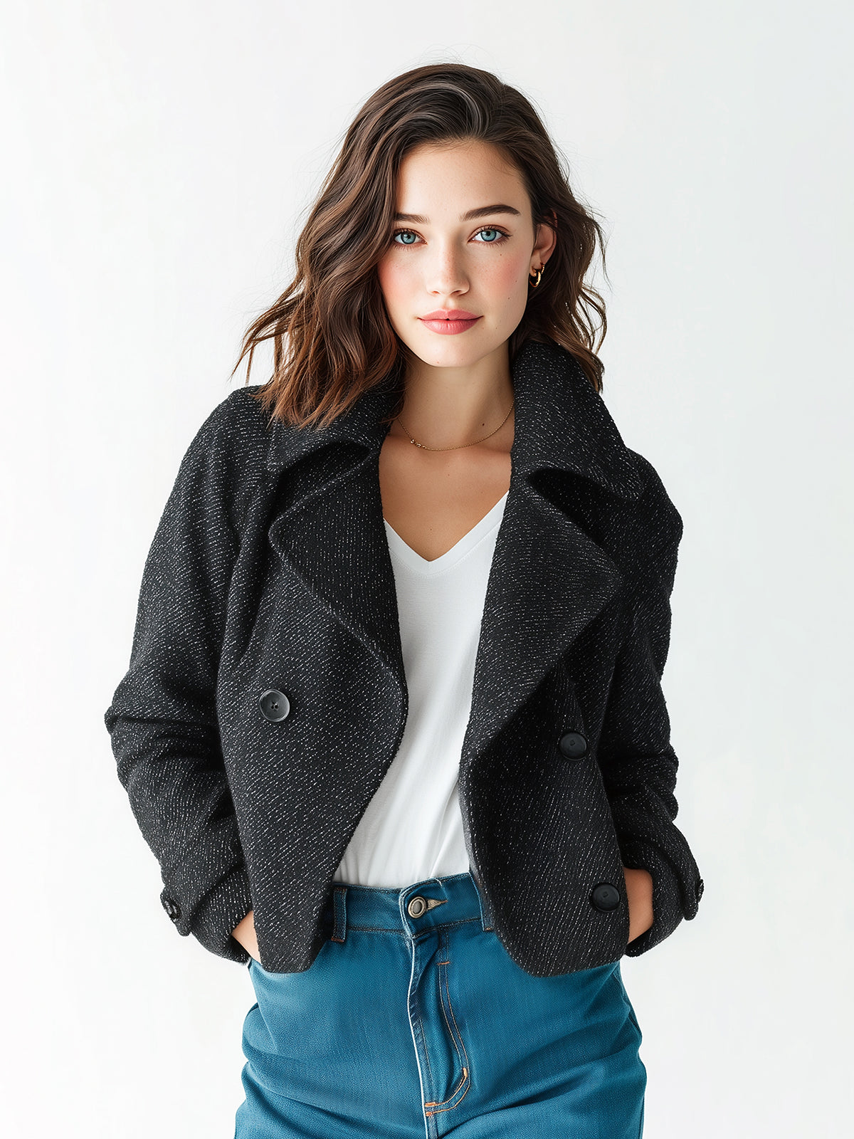 ElevenOra Chic Vintage Black Twill Wool Blend Oversized Collar Double-breasted Short Coat