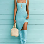 ElevenOra Chic Elegant Blue Square Neck Sleeveless Button-Front Slim-Fit Ribbed Knit Midi Dress