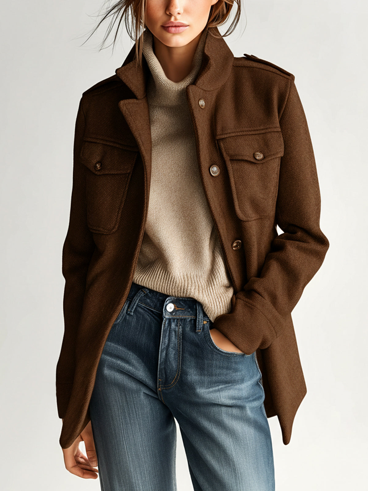 ElevenOra Vintage Casual Khaki Wool Blend Stand Collar Epaulet Multi-Pocket Short Coat