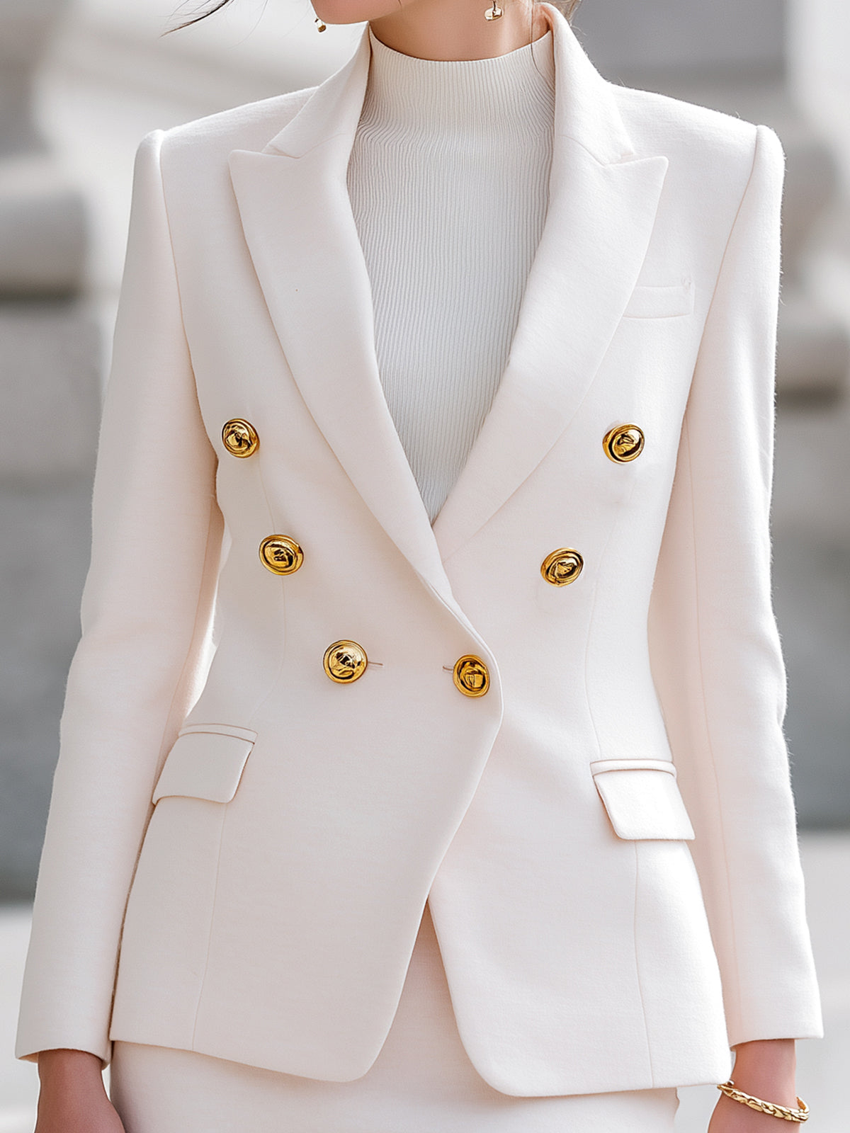 ElevenOra Chic Elegant Cream Wool Blend Peak Lapel Double-breasted Slim-fit Blazer