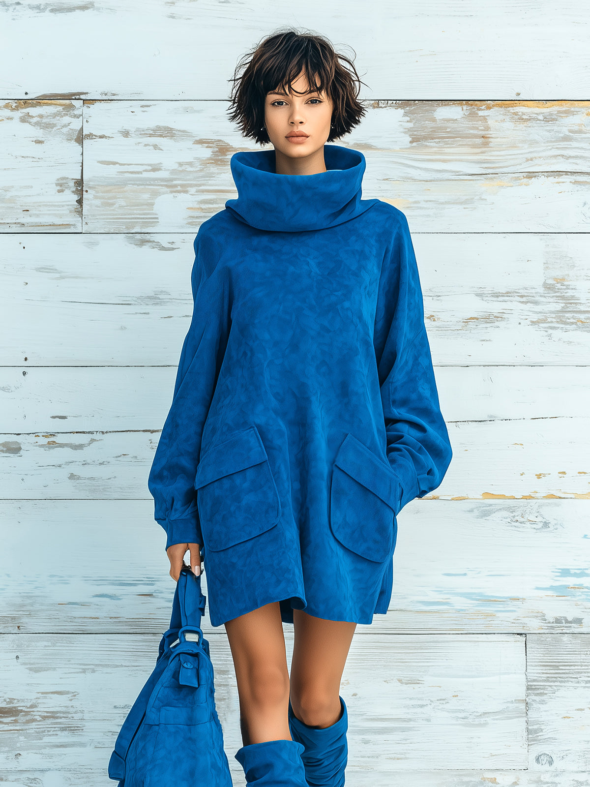 ElevenOra Chic Elegant Royal Blue Faux Suede Oversized Turtleneck Long Lantern Sleeve Patch Pocket Mini Dress