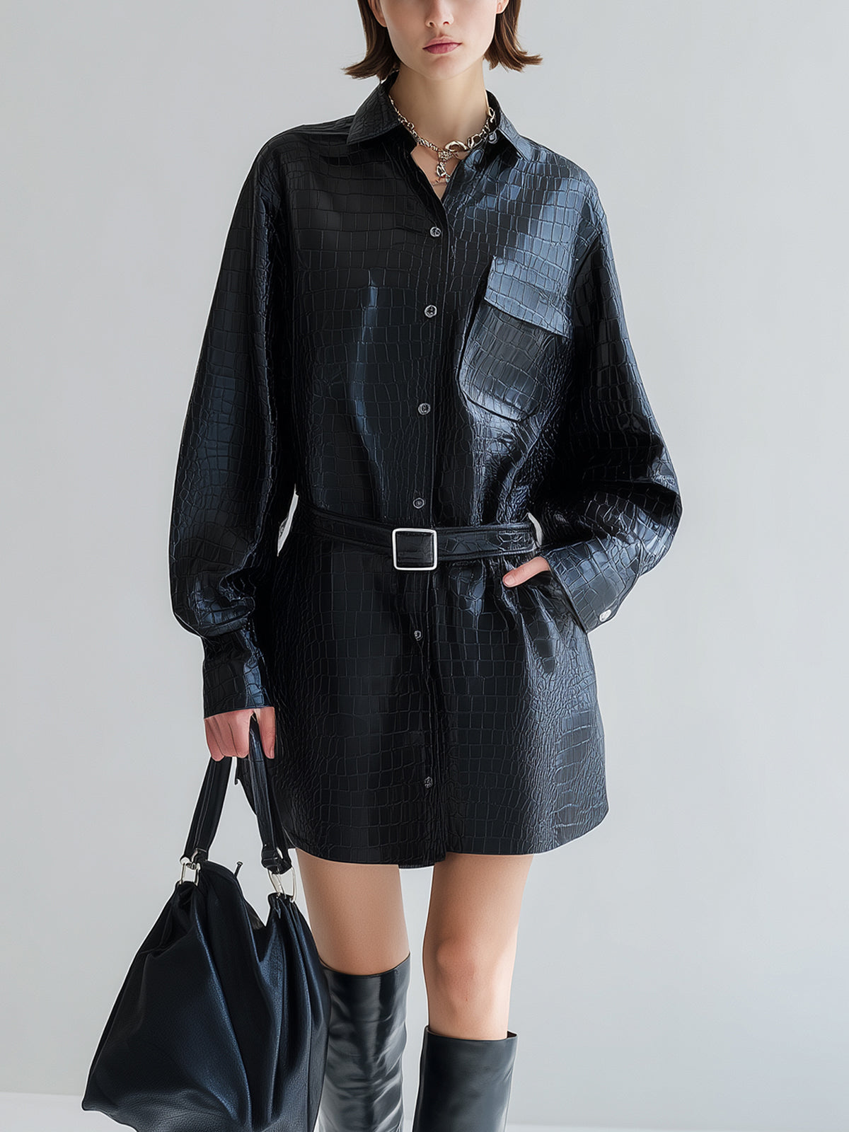 ElevenOra Chic Vintage Black Crocodile PU Lapel Single-Breasted Long Sleeve Belted Oversized Mini Shirt Dress
