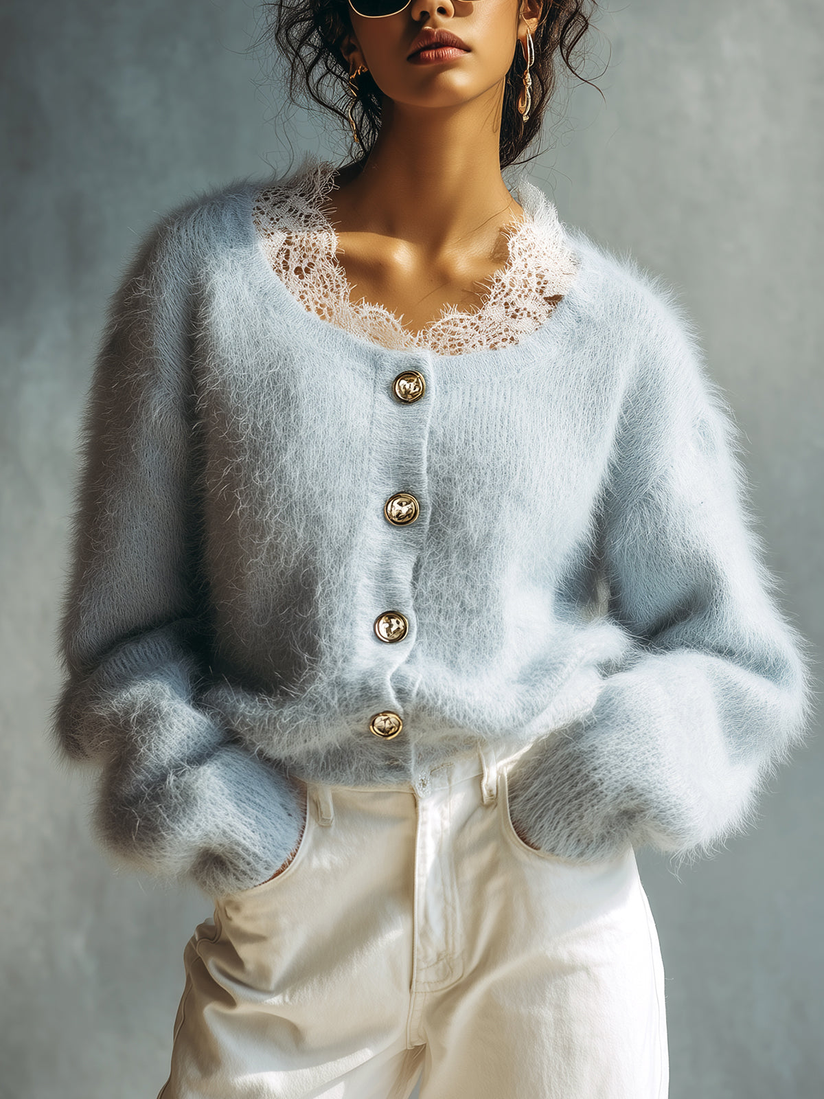 ElevenOra Chic Vintage Light Blue Round Neck Contrast Lace Trim Long Sleeve Single-Breasted Loose-Fit Fuzzy Knit Cardigan