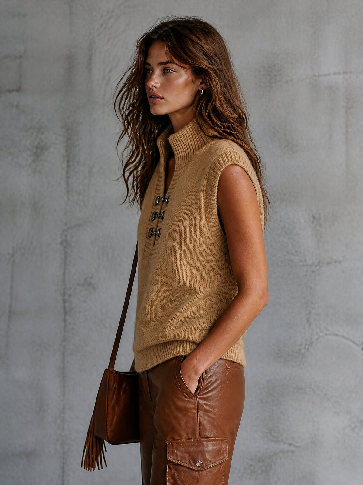 ElevenOra Chic Elegant Camel Stand Collar V-Neck Horsebit Detail Sleeveless Loose-Fit Knit Vest Top
